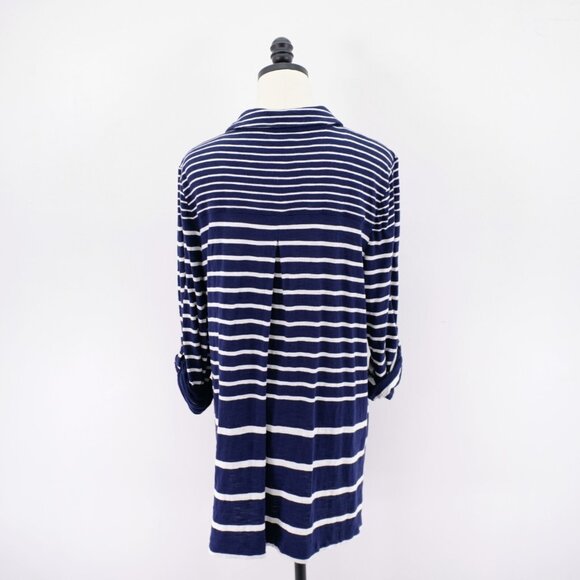 Chicos XL Top Size 3 Blue White Button Front Striped Rolled Tab Collared Long Sl - Picture 7 of 10